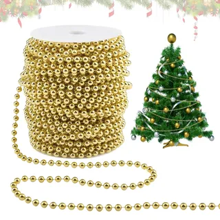 GZGXKJ Perlengirlande Weihnachtsbaumketten 30m Weihnachtsbaum Perlenband | 6mm Perlenschnur Christbaumkette, Gold Weihnachtsbaum Perlenkette, Für Deko Hochzeit Party und DIY Projekte
