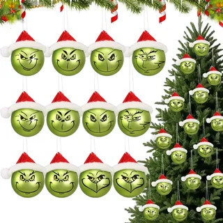 XehCaol Weihnachtsbaumkugeln Lustige Weihnachtskugeln Satz Christbaumkugeln Kunststoff Weihnachtskugeln Weihnachtsbaumschmuck Urlaub Hängende Ornamente Dekoration (Grinch mit Weihnachtsmütze-12pcs)