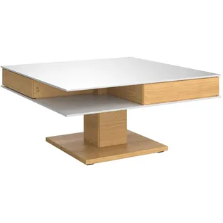 Voglauer Couchtisch , Weiß, Eichefarben , Holz, Glas, Holzwerkstoff , Wildeiche , furniert, massiv , 2 Schublade(n) Schubladen , quadratisch , eckig, Bodenplatte , 90x43x90 cm , Goldenes M, Made in Austria , Stauraum, offenes Fach , Holzmöbel, Holztische, Wohnzimmertische Holz, Couchtische Holz