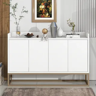 Flieks Kommode Sideboard mit 4 Türen mit verstellbaren Ablagen, Wohnzimmerschränke mit goldenen Beinen, Kommode Buffetschrank Grifflos, 120x30x80cm, Weiß - Weiß