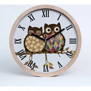 Holzuhr 30fi cm wanduhr - schwarze Spitzen - zwei Eulen auf einem Ast - Braun