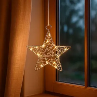 Ideen mit Herz Deko-Stern aus Draht | umwickelt mit LED Draht-Lichterkette | batteriebetrieben | Timer-Funktion: 6 Stunden AN | 18 Stunden AUS | warmweiß | ideal als Weihnachts-Deko (Ø12cm)