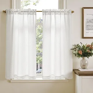 TOPICK Blickdicht Scheibengardinen Küche Weiß Bistrogardine mit Tunnelzug Gardinen mit Waffel Muster Lichtdurchlässig Küchengardinen für Kleine Fenster Verdunkelung Landhaus 2er Set H115xB65 cm