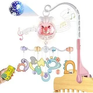 Mobile Baby mit Musik, Drehbares Mobile Babybett mit Spieluhr Baby, Projektion, Timing-Funktion und Rassel Spielzeug, Baby Mobile Halterung für Jungen Mädchen 0-12 Monate (Rosa)