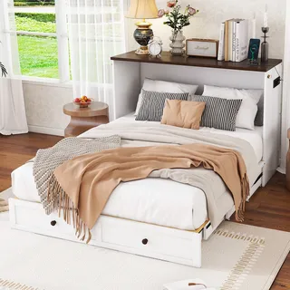 Flieks Schrankbett 140x200cm mit Lattenrost, Doppelbett mit Schublade und Ladefunktion, Gästebett Klappbett Wandbett Funktionsbett Jugendbett, Weiß - Weiß