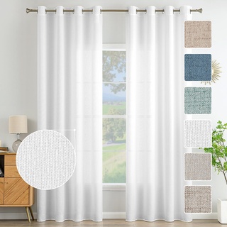 MIULEE Wohnzimmer Vorhänge Gardinen Leinen Ösenvorhang Leinenoptik Vorhang Boho Gardine mit Ösen Semi-transparent Leinenvorhang Curtains 2er Set HxB 215x140 cm,Weiß