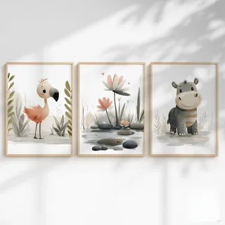Generisch 3er Dschungel Poster-Set fürs Babyzimmer A4 A3 - Bilder Safaritiere: Elefant Faultier, Nilpferd, Giraffe, Löwe, Zebra, Panda fürs Kinderzimmer (Safari Flamingo, DIN A4, Ungerahmt)