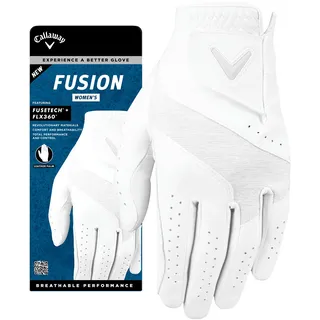 Callaway Golf Fusion Handschuh für Damen, Größe M, Weiß/Silber, auf der linken Hand getragen