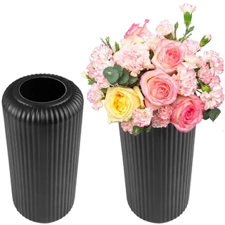 Silkmin 2 Stück Vase Kunststoff, 20x10cm Blumenvase Schwarz | Vasen Modern Gestreift, Bruchsichere Dekorative Blumenvase, Tafelaufsätze Arrangement von Blumensträußen für Wohnzimmer, Büro