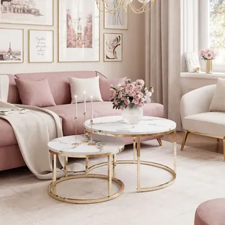 Runder Couchtisch-Set OASIS MAX 2in1 Gold Chrom / Weiß Marmor