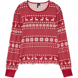 Langarmshirt VERO MODA "VMCHRIS LS O-NECK TOP JRS XMAS", Damen, Gr. L, karanda rot aop:snow weiß xmas, Jersey, Obermaterial: 95% Polyester, 5% Elasthan, bedruckt, Rundhals, Rippbündchen, Shirts Langarmshirt
