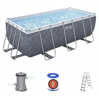 Bestway Steel Pro Max rechteckiger röhrenförmiger abnehmbarer Pool 412 x 201 x 122 cm mit 2.006 l/h Kartuschenfilter und Leiter | Farbgrauer Marmoreffekt