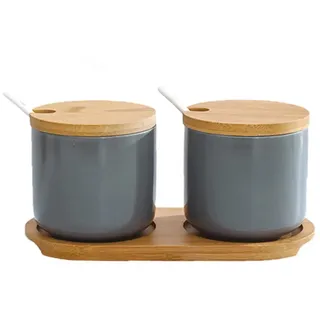 OnePine 2er Set Keramik Gewürzdosen Salztopf Keramik Zuckerdose Gewürzgläser mit Löffel und Bambus Deckel für Tee Zucker Salz Gewürze