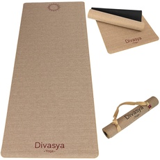 DIVASYA Premium Yoga-Matte rutschfester natürlicher Kautschuk & rutschfester Hanf-Baumwoll-Mix, extra dick, extra breit (183x68x0,5cm), hautsympathisch,mit Tragegurt, natural touch. Auch für Pilates