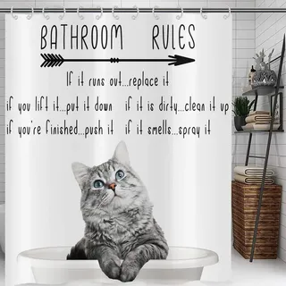 Hnmdmyi Duschvorhang Lustige Katze 180x180, Hilarious Katze Kätzchen Grau Badewanne Vorhang Motivierend Inspirierend Pädagogische Badezimmer Regeln Kinder Wasserdicht Stoff Waschbar Badevorhang