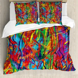 ABAKUHAUS Modern Bettbezug Set, Zeitgenössisch Regenbogen Ungeordnete Bunte Linien Ölgemälde Effekt Illustration, 155 x 220 cm + 80 x 80 cm, Mehrfarbig