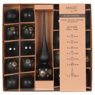 MAGIC by Inge - Weihnachtskugeln Set 19-teilig Ebony Black, mit Christbaumspitze und Kugeln, Christbaumschmuck Glas