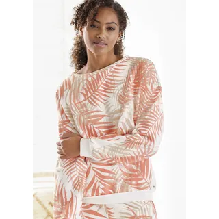 Sweater LASCANA, Damen, Gr. 36/38, orange (pfirsich gemustert), Sweatware, Obermaterial: 60% Baumwolle, 40% Polyester, gemustert, lässig geschnitten normal, Rundhals, Rippbündchen, Sweatshirts Sweater, Loungeshirt mit Allover-Blätterdruck, Loungewear