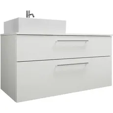 Burgbad Eqio Keramik-Aufsatzwaschtisch mittig, quadratisch, inklusive Waschtischunterschrank Schubladen, Breite 900mm, SGUP090, Farbe (Front/Korpus): Eiche Dekor Flanelle / Eiche Dekor Flanelle, Griffleiste Schwarz Matt G0252