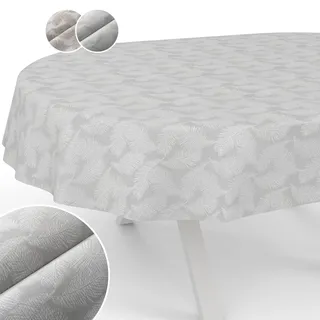 Tischdecke Stoff abwaschbar Lurex Tischtuch Tafeldecke Teflon beschichtet pflegeleicht Lotuseffekt schmutz- & wasserabweisend Kate Floral Blätter Oval 180x140cm Schnittkante Silber