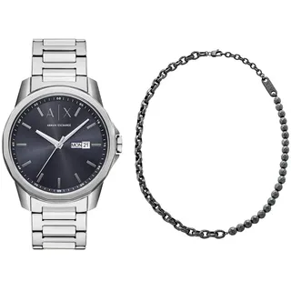 Armani Exchange Herren Silberfarbene Edelstahl Uhr und Halskette Gunmetal, Set