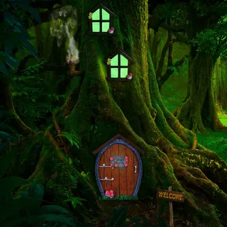 Syhood Feen Tür und Fenster Miniatur Sommer Haus mit Lampe Zimmer Wand und Bäume Draußen Leuchtet im Dunkeln Feen Schlafender Hof Kunst Garten Skulptur Geschenk Garten Ornament (Stein Stil)