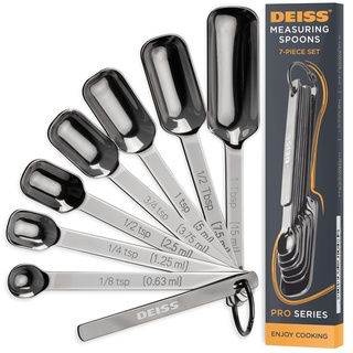 Deiss PRO Heavy Duty Edelstahl Messlöffel für Kochen, Gewürze, trockene oder flüssige Zutaten, passt in Gewürzglas - Einstellbare Messlöffel Set von 7 Mess mit Leveler - Messlöffel-Set Edelstahl