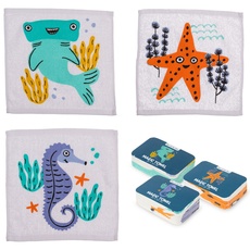 damaloo 3X Magisches Handtuch Kinder mit Tiermotiv - Zaubertuch mit Meerestiere Motiv - Magic Towel Kids - Magische Handtücher Set für Jungen & Mädchen - Zauber Waschlappen aus Baumwolle 30x30