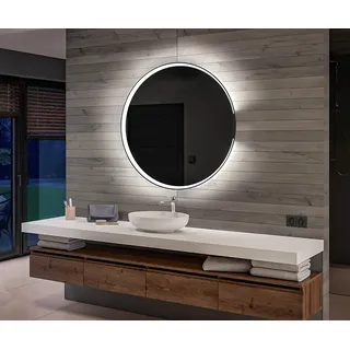 Batteriebetriebener LED Runde Spiegel 70x70 cm - Badspiegel mit LED Beleuchtung - LED Farbe Kaltweiß 7000K - Individuell Nach Maß - Beleuchtet Wandspiegel Lichtspiegel Badezimmerspiegel OKRBP123 - Transparent