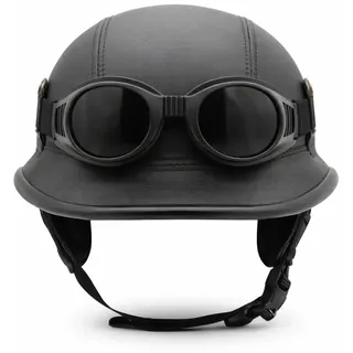 Motorrad Halbschalenhelm Vintage Lederlook inkl. Abnehmbarer Sonnenbrille, Harley Chopper Militär Mofa Roller (L, H1)