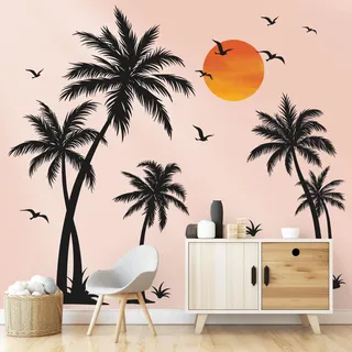 wondever Wandtattoo Palme Baum Groß Schwarze Wandaufkleber Tropische Baum Pflanzen Vögel Wandsticker Wanddeko für Schlafzimmer Wohnzimmer TV Hintergrund (H: 135cm)