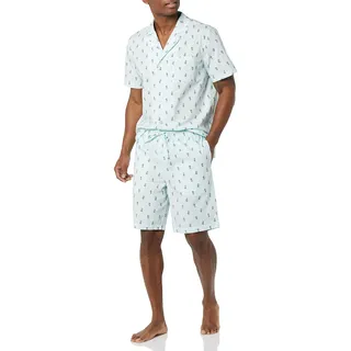Amazon Essentials Herren Kurzes Pyjama-Set aus Baumwoll-Stretch-Popeline mit V-Ausschnitt
