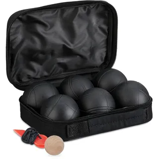 Relaxdays Boule Kugeln, 6 Metall-Kugeln, Set mit Zielkugel & Abstandsmesser, Tragetasche, Boccia Spiel, Stahl, schwarz