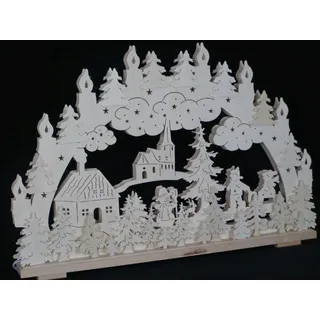 Schwibbogen el. Beleuchtet mit Kirche ,Kinder , Haus und Schneemann BxH= 70x44cm