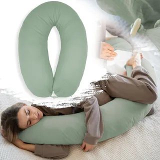 PaLulli® Ergonomisches XXL Stillkissen 190x30 cm mit Bezug aus Bio-Musselin Baumwolle - ideales Schwangerschafts- & Seitenschläferkissen, Komfort und Unterstützung für Erwachsene und Mütter (Grün)