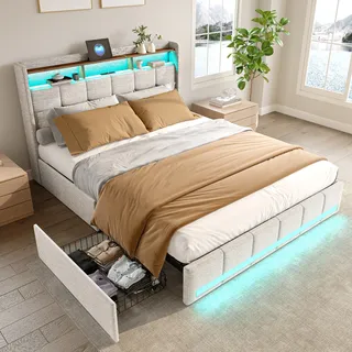 140 x 190 cm großes Bett aus beigefarbenem Leinen mit LED-Beleuchtung, 4 Metallschubladen, Stauraum im Kopfteil und USB-/Typ-C-Anschlüssen – Modernes und praktisches Design - Beige