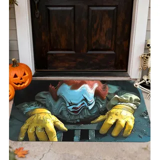 Halloween Fußmatte,3D Stereo Vision Clown Teppich Sewer Clown Horror Fußmatte 3D lustige Weicher Teppich Clownfallenmuster Bodenmatte Scary Halloween Dekoration für Wohnzimmer Schlafzimmer(60x40cm)