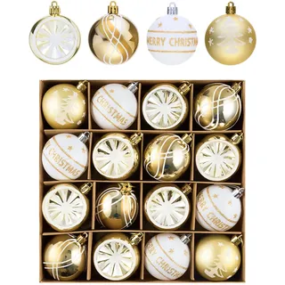 Weihnachtskugeln Christbaumkugeln Christbaumschmuck, 6CM 16 STK Weiß Gold Kunststoff Bruchsicher Aufhängen Weihnahctsdeko Weihnachtsbaumschmuck Christmas Tree Decorations