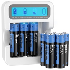 Hixon Lithium AA Batterien, Wiederaufladbare 1,5V AA Lithium Akku, 3500mWh und 1600 Lange Zyklen, 8 Stück Lithium 1,5V AA Akku mit Weißem Schnelles Aufladen LCD-Display Ladegerät
