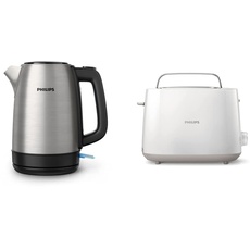 Philips Domestic Appliances HD9350/90 Wasserkocher, Edelstahl, 1.7 liters, schwarz & Philips Toaster – 2 Toastschlitze, 8 Stufen, Brötchenaufsatz, Auftaufunktion, Liftfunktion, weiß (HD2581/00)