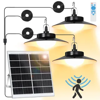 LED Solarlampe Bewegungsmelder Außen Pendelleuchte IP65 Wasserdicht Gartenleuchte Dimmbar 5 Modi mit Fernbedienung, Warmweiß, 3 Lampe