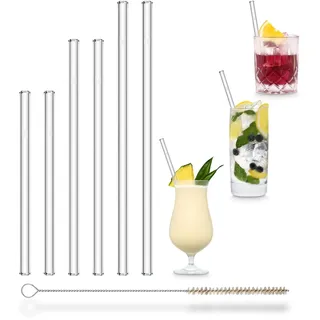 HALM Glas Strohhalme Wiederverwendbar Trinkhalm - 6 Stück, 3 Größen - Glastrinkhalme + plastikfreie Reinigungsbürste - Spülmaschinenfest - Nachhaltig Glastrinkhalme Glasstrohhalme - Cocktail Smoothie