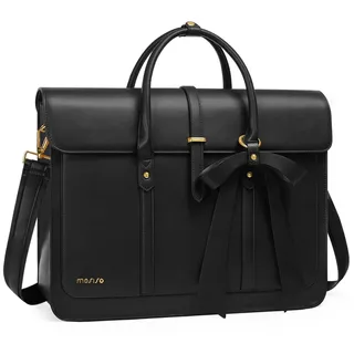 MOSISO 16 Zoll Laptoptasche für Damen, 15-15,6 Zoll PU Leder Laptop Umhängetasche Umrüstbar auf Rucksack, Lässig Handtasche Aktentasche Arbeit Reisen Tasche mit Schleifenknoten, Schwarz
