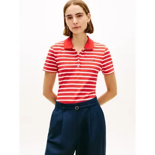 Poloshirt TOMMY HILFIGER "1985 Slim Fit Pique Premium", Damen, Gr. M (40), breton stripe fireworks, calico, Piqué, Obermaterial: 96% Baumwolle, 4% Elasthan, gestreift, slim fit hüftlang, Rundhals, abgesteppt, Shirts Poloshirt, mit Logostickerei, Seitenschlitze