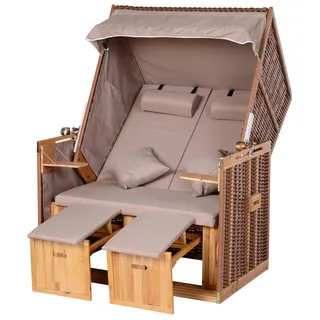 Strandkorb 2 Personen, PE-Rattan wetterfest, 118x79x160 cm, Beige - 5-fach verstellbare Rückenlehne, Klapptische und Fußstützen, Sonnendach - Beige