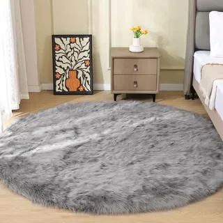 ORINOVA Teppich Rund Grau 180 cm Kuschel Flauschig Schlafzimmer Teppich Waschbar Fellteppich Kunstfell Weich Wohnzimmer Bettvorleger