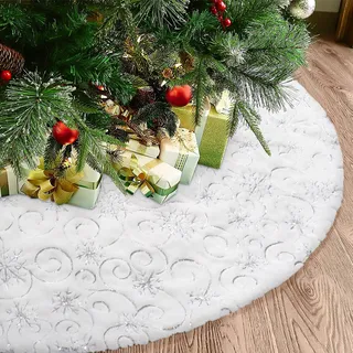 Dremisland Große Weihnachtsbaum Rock 90cm Weiß & Silber Plüsch Weihnachtsbaumdecke Pailletten Schneeflocken Christbaumständer Rund Christbaumdecke Rock Matte für Zuhause Feier Weihnachtsbaum Deko