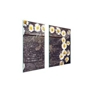 Herdabdeckplatten 2 teilig 75x52 Glaskeramikkochfeld Abdeckung Glas Schneidebrett Gänseblümchen Holz