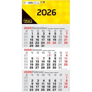 IDENA 12071-3 Monatskalender 2026 in der Größe 24 x 45 cm, Wandkalender mit Schieber, 4-sprachiger Bürokalender mit Wochenzählung