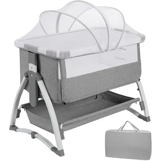 GarveeHome 3 in 1 Baby Beistellbett, Klappbares Beistellbett, Babywiege Mit Matratze Und Moskitonetz, Höhenverstellbar, Mit Reisetasche, Für Babys Von 0 Bis 36 Monaten, Hellgrau